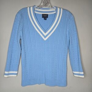 Chaps Classics Womens Blue‎ Cable Knit V Neck Sweater Sporty Stripes Size M